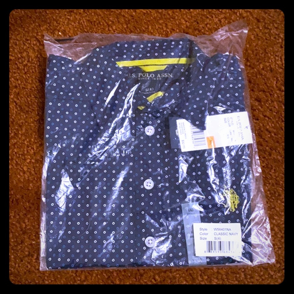 🆕 Boys US Polo Blue & White Polka Dot Shirt Sz 4